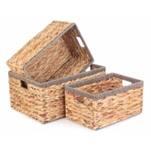 Cascade Heights Set Of 3 Water Hyacinth Baskets With Grey Trim
