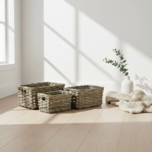 Cascade Heights Rectangular Grey Rattan Pantry Baskets Set Of 3